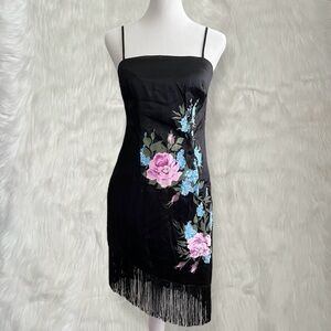 NWT XOXO Vintage Y2K Black Floral Asymmetrical Dress with Fringe Hem